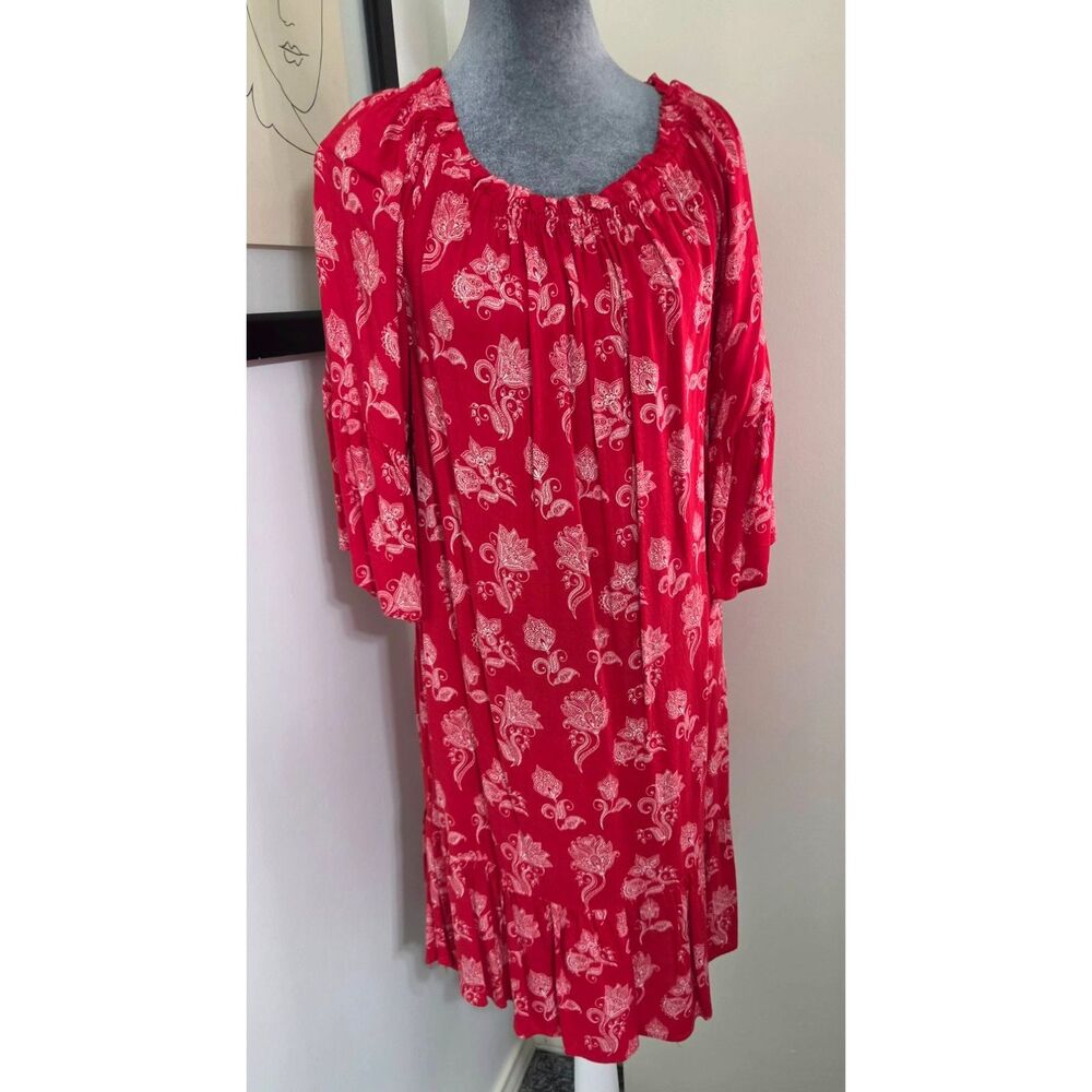 C Wonder Red Paisley Peasant Dress XL Boho Bell Sleeve Ruffle Hem Dress